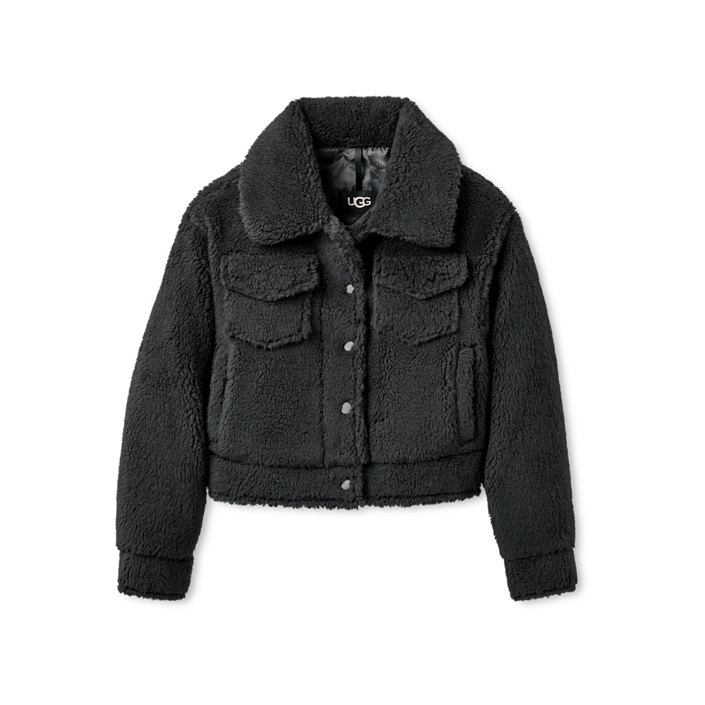 Women's Short Plush Fleece Trucker Jacket - Cobble Grey