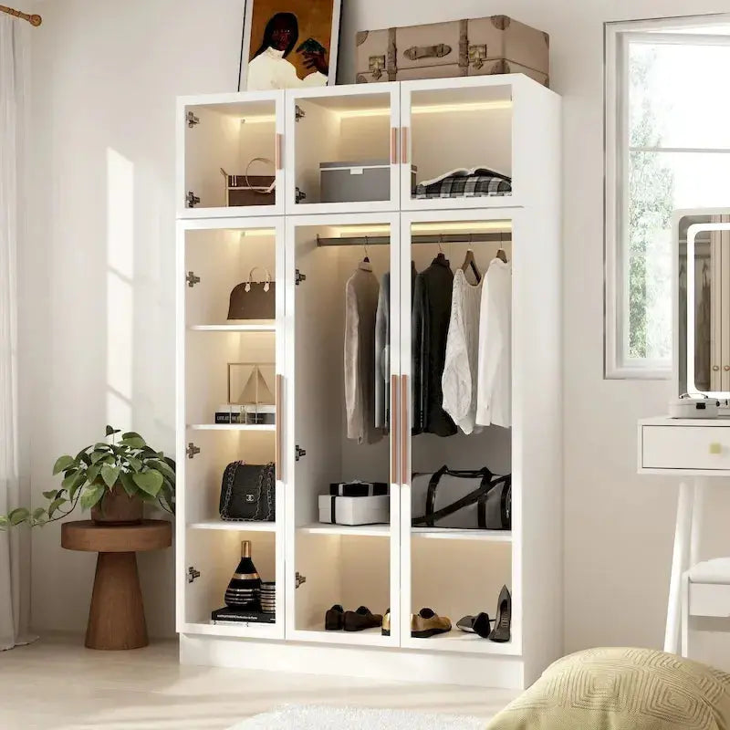 LED-Lit Glass Armoire 47.2in Wide Wardrobe With Full-Glass Doors