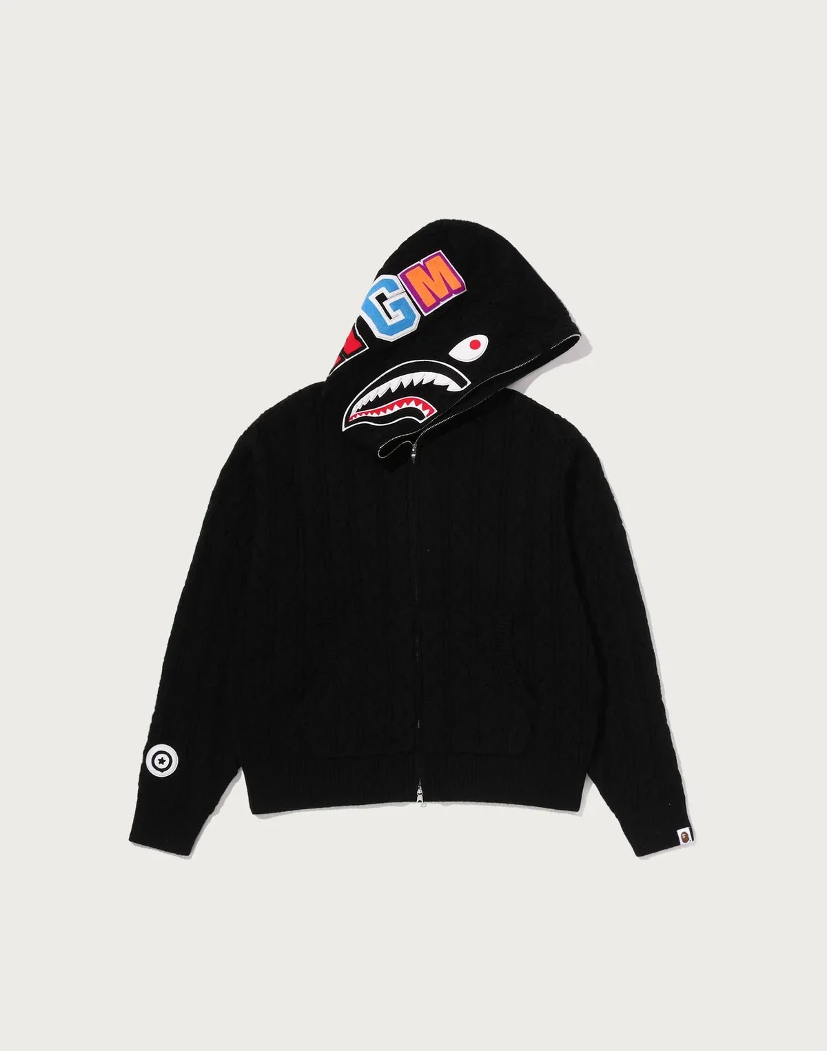Cable-Knit Full-Zip Graphic Hoodie - Black