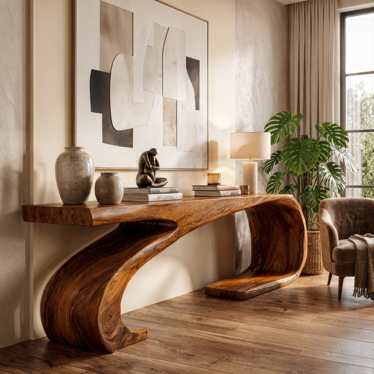 Modern Sculptural Console Table Organic Curved Base Design For Living Room Entryway