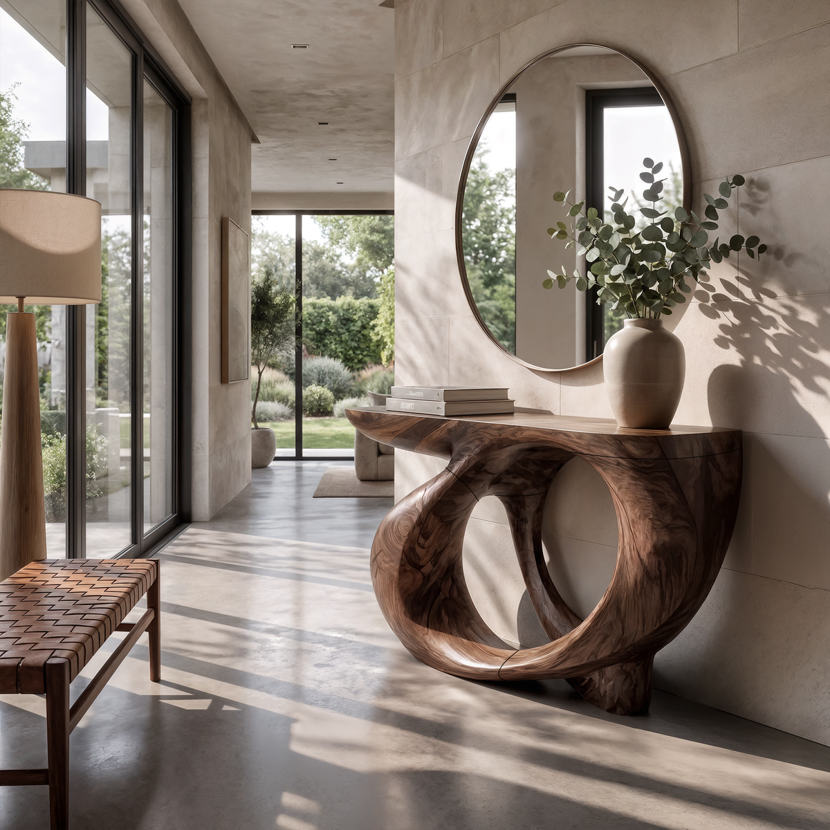 Modern Sculptural Console Table Circular Hollow Base Design For Entryway Foyer Hallway