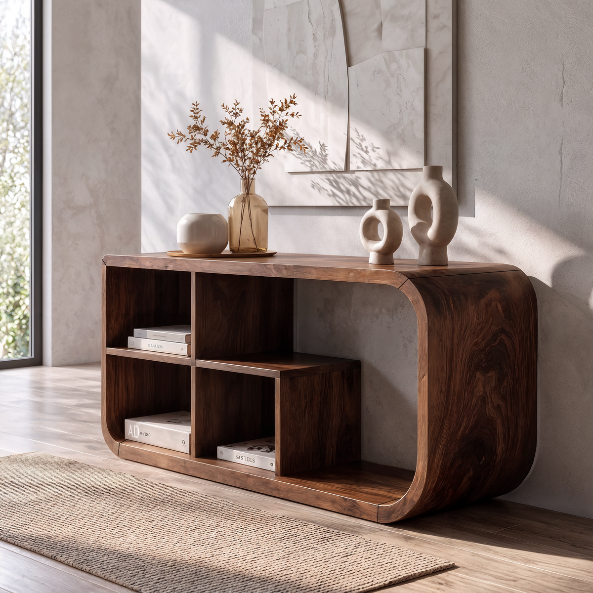 Modern Organic Console Table Sculptural Curved Design Open Storage For Entryway Living Room