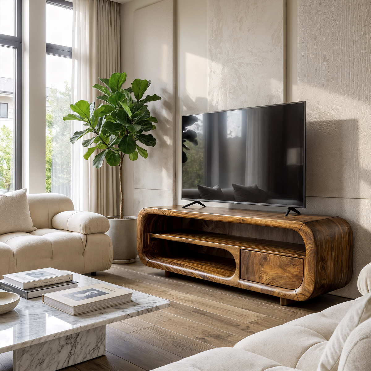 Natural Media Console With Flowing Loop Design For Living Room And Lounge