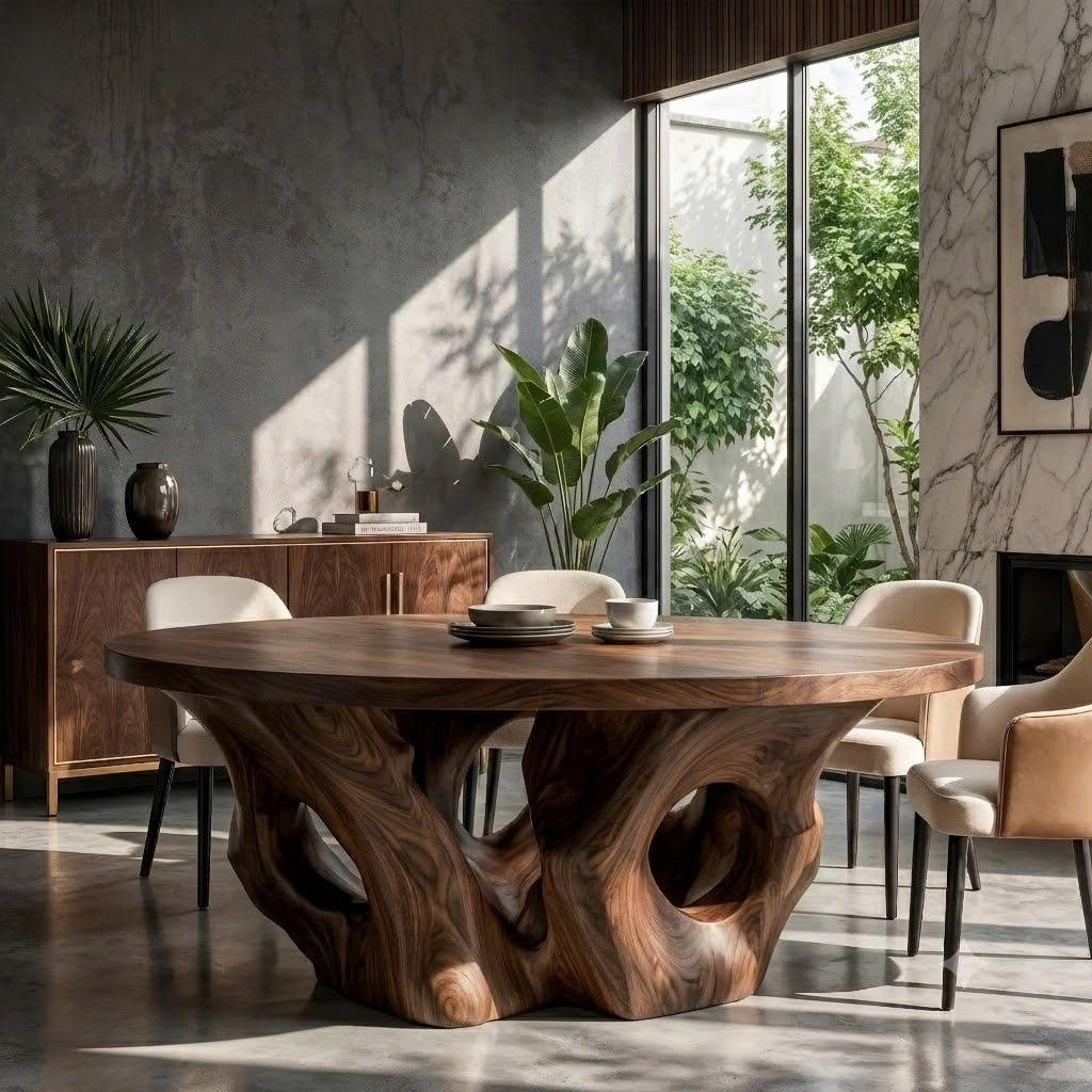 Modern Round Dining Table With Sculptural Open Form For Dining Room And Living Room
