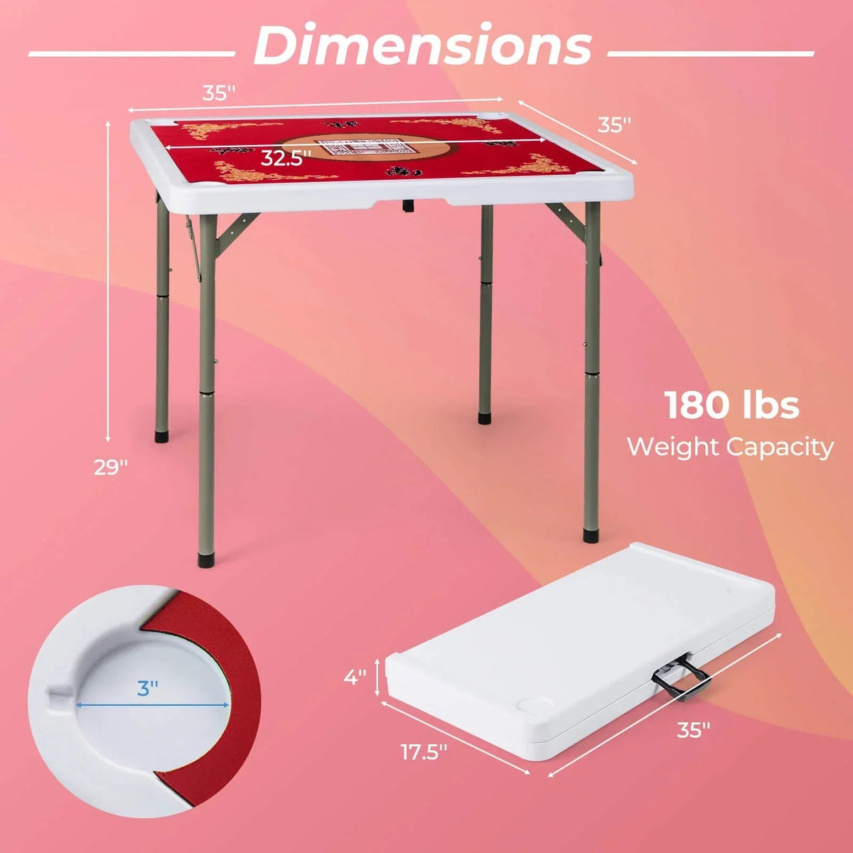 Costway Folding Mahjong Table With Cup Holders, Felt Mat And Carrying Handle - 35in x 35in x 29in