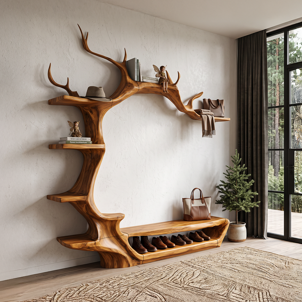 Rustic Tree Shoe Bench Wall Mounted Coat Rack For Entryway Hallway