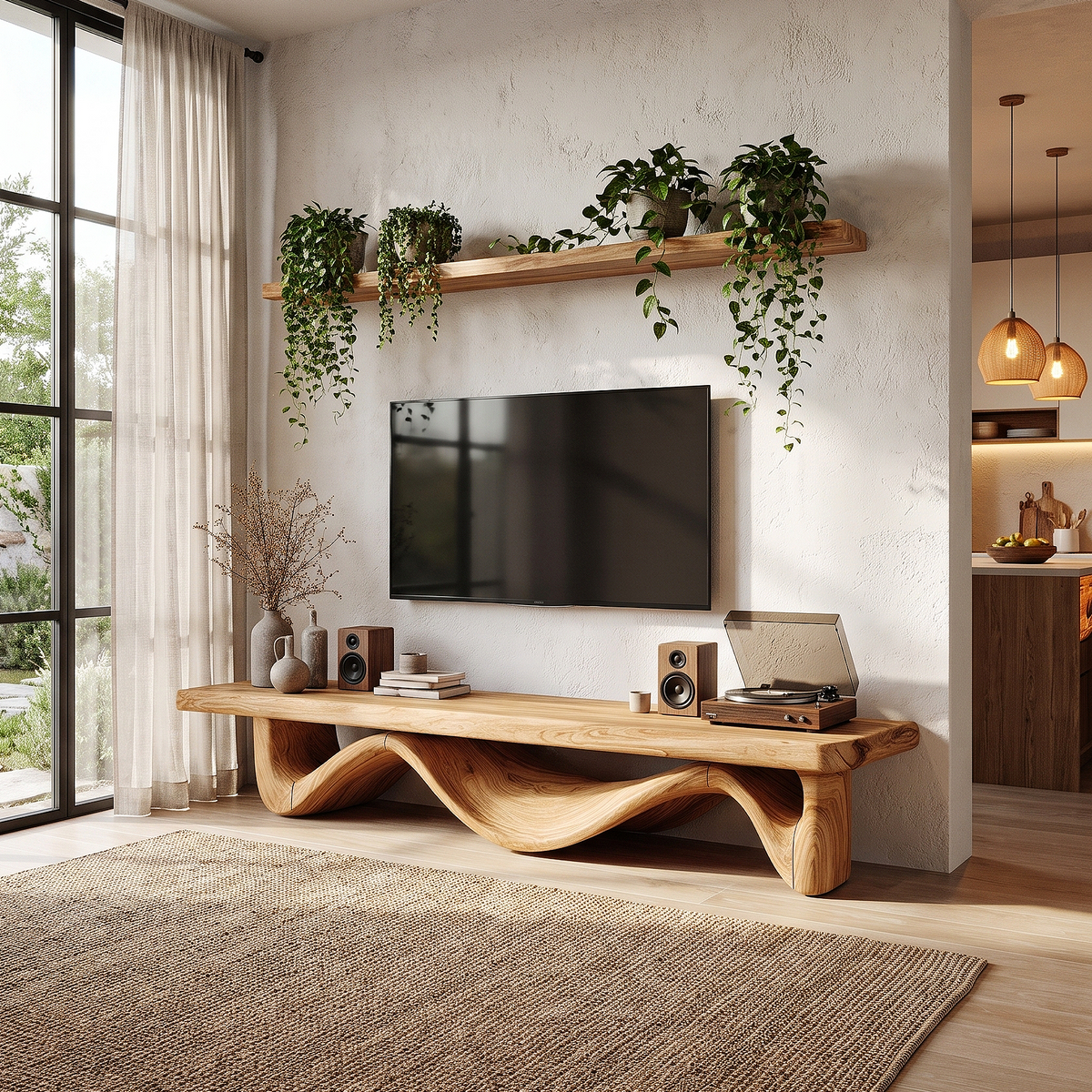 Organic Open Loop TV Cabinet Solid Wood Media Console For Living Room