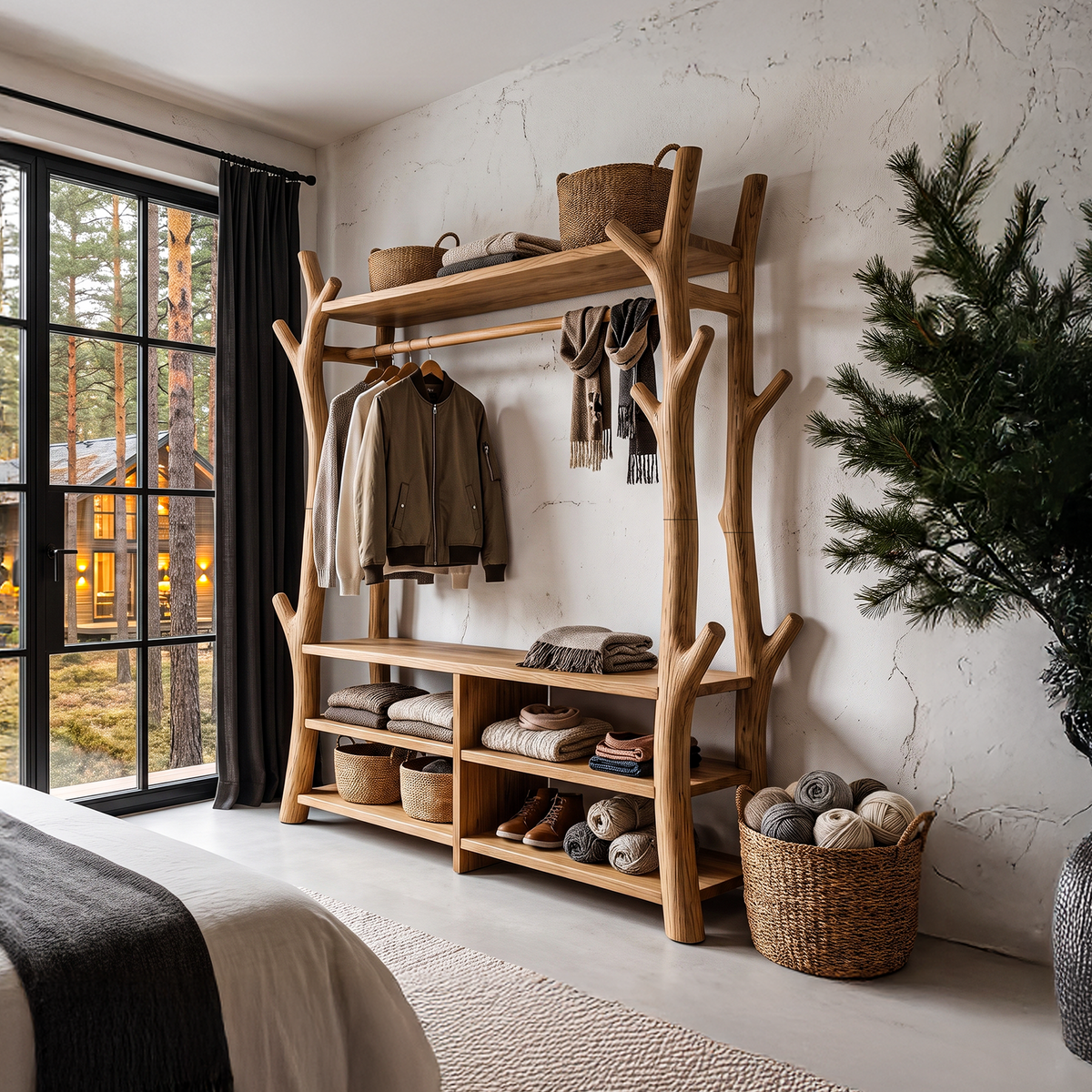 Rustic Tree Coat Rack Shoe Bench Open Storage For Entryway Hallway