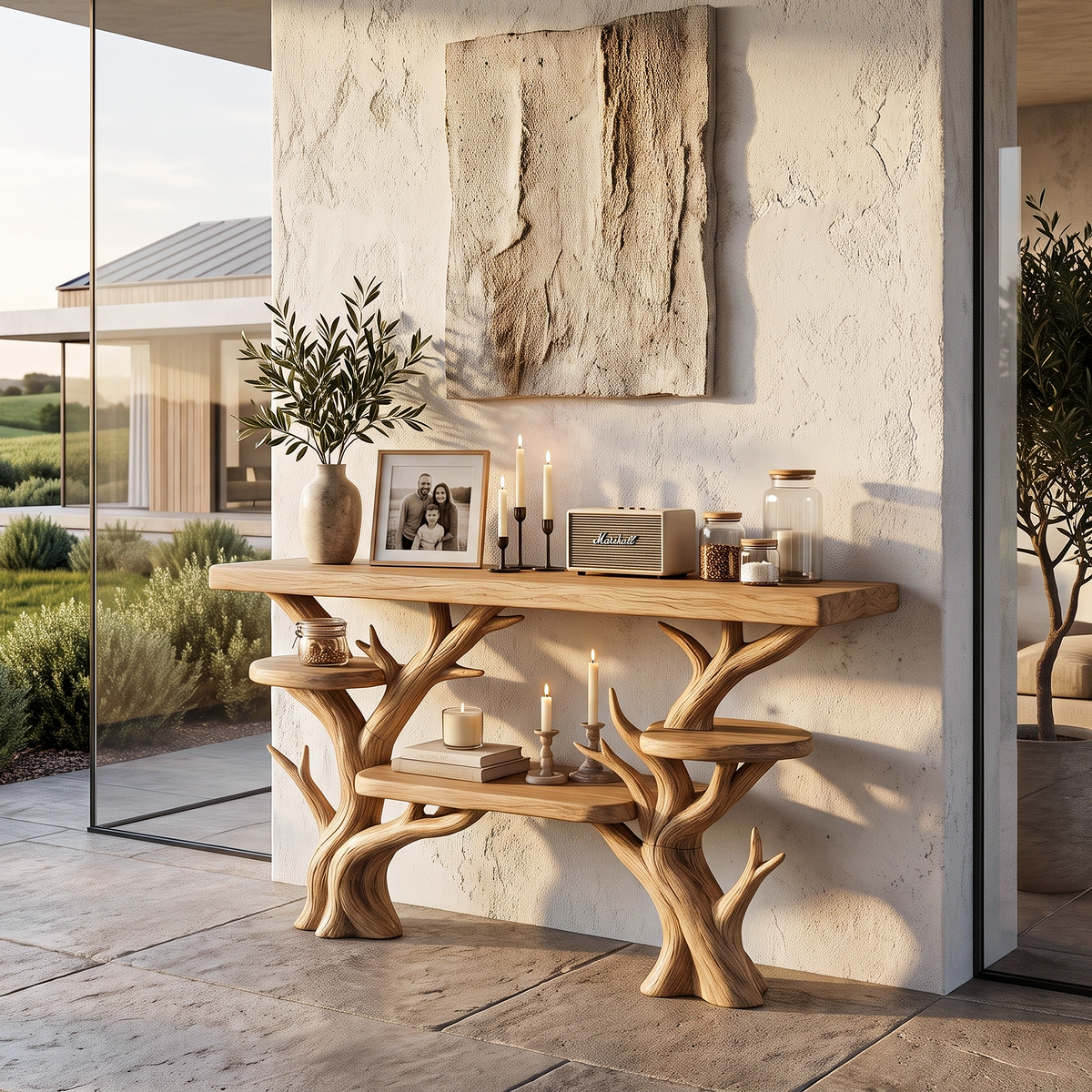 Rustic Sculptural Console Table For Entryway And Living Room