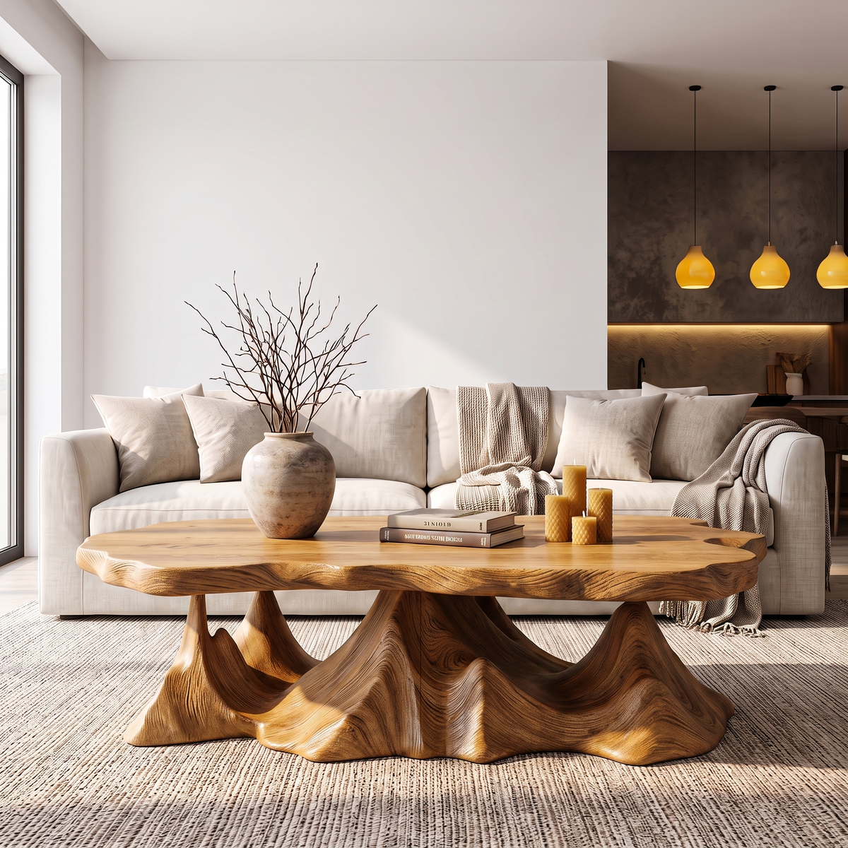 Rustic Coffee Table With Sculptural Wave Base For Living Room