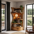 Mid Century Corner Shelf Unit With Curved Storage Base For Living Room