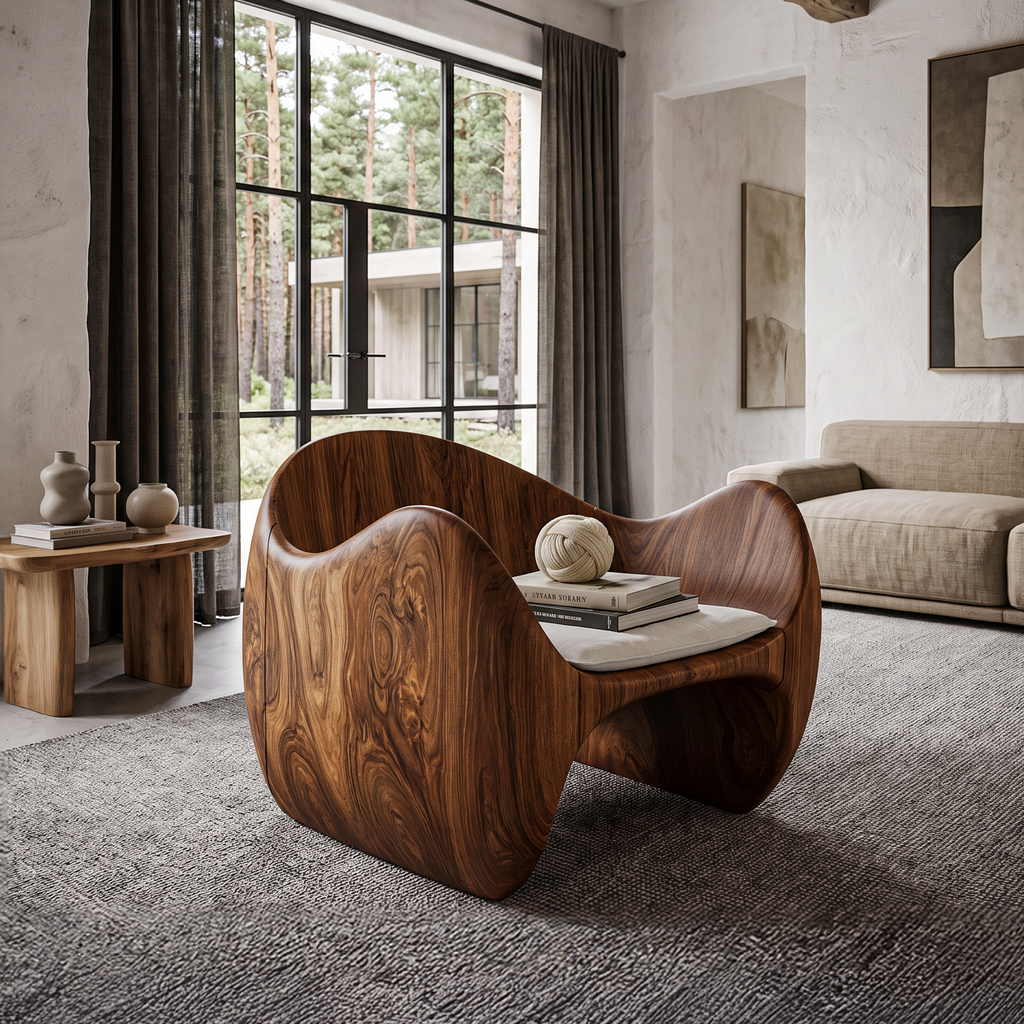 Modern Wooden Accent Chair With Sculptural Curved Frame For Living Room