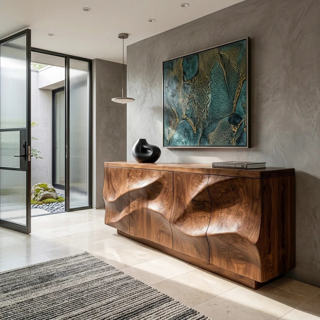 Modern Relief Carving Wood Sideboard For Entryway