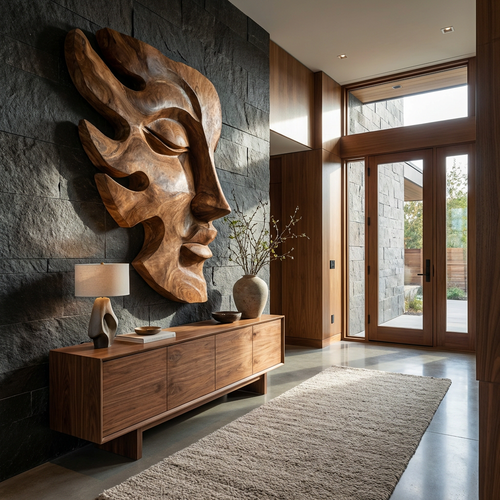 Handcrafted Wooden Face Wall Art With Sculptural Form For Interior