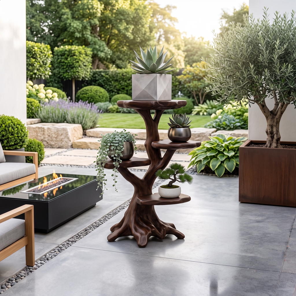Organic Multi Tier Plant Stand With Sculptural Tree Design For Living Room And Sunroom