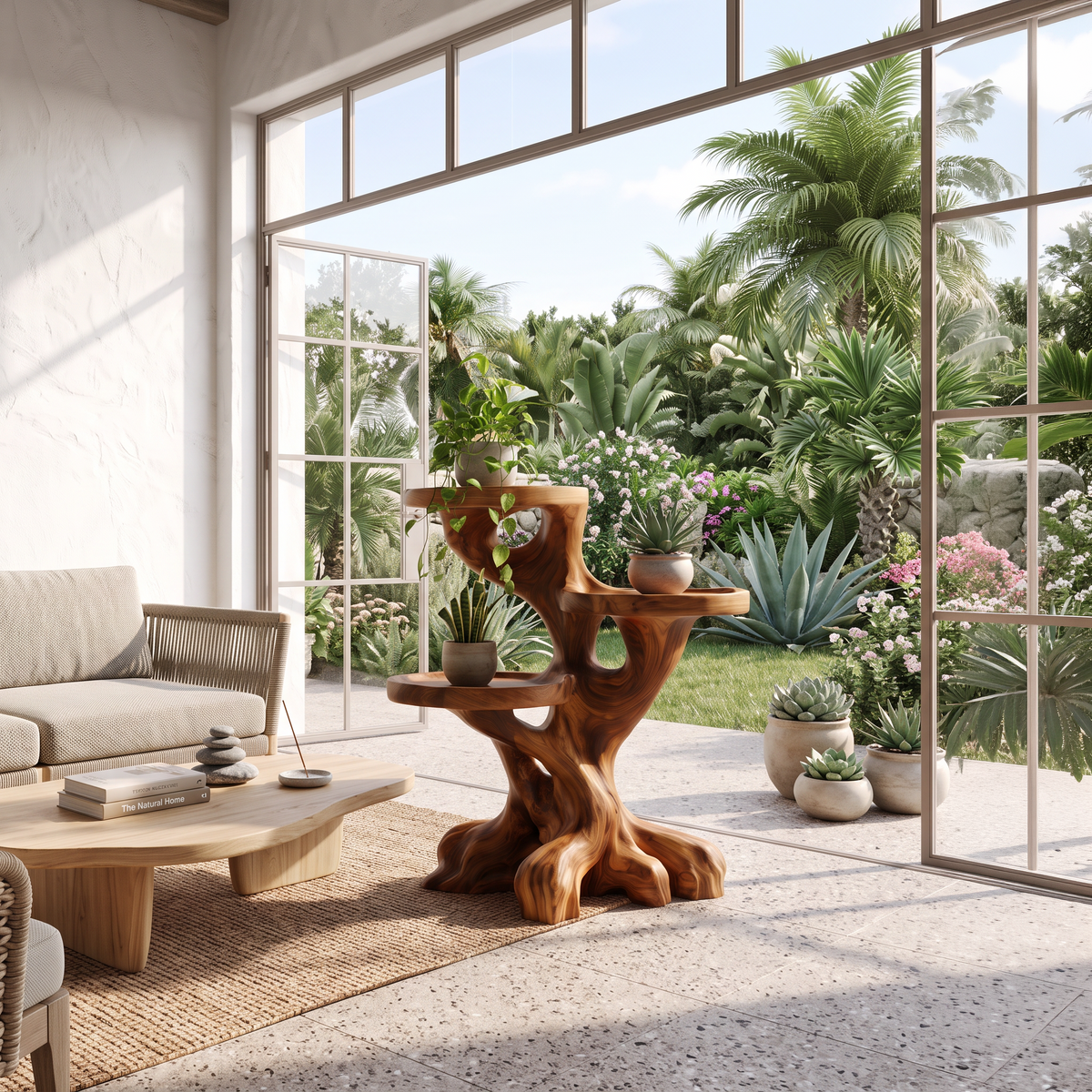 Rustic Indoor Plant Shelf With Tree Root Inspired Design For Living Room And Hallway