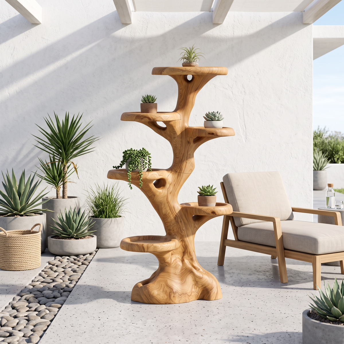 Rustic Multi Tier Plant Stand With Tree Stump Design For Patio And Sunroom