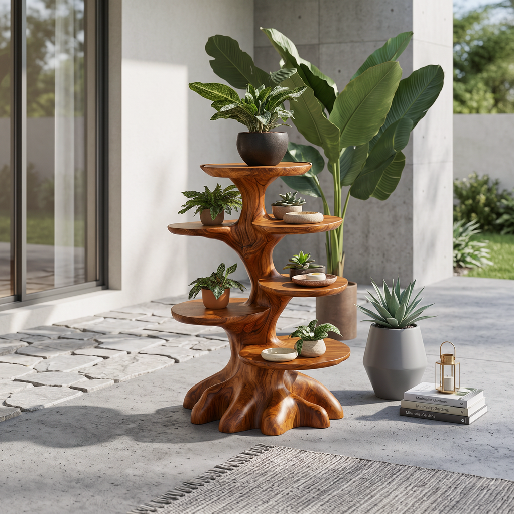 Rustic Indoor Plant Stand With Tree Stump Form For Sunroom And Patio