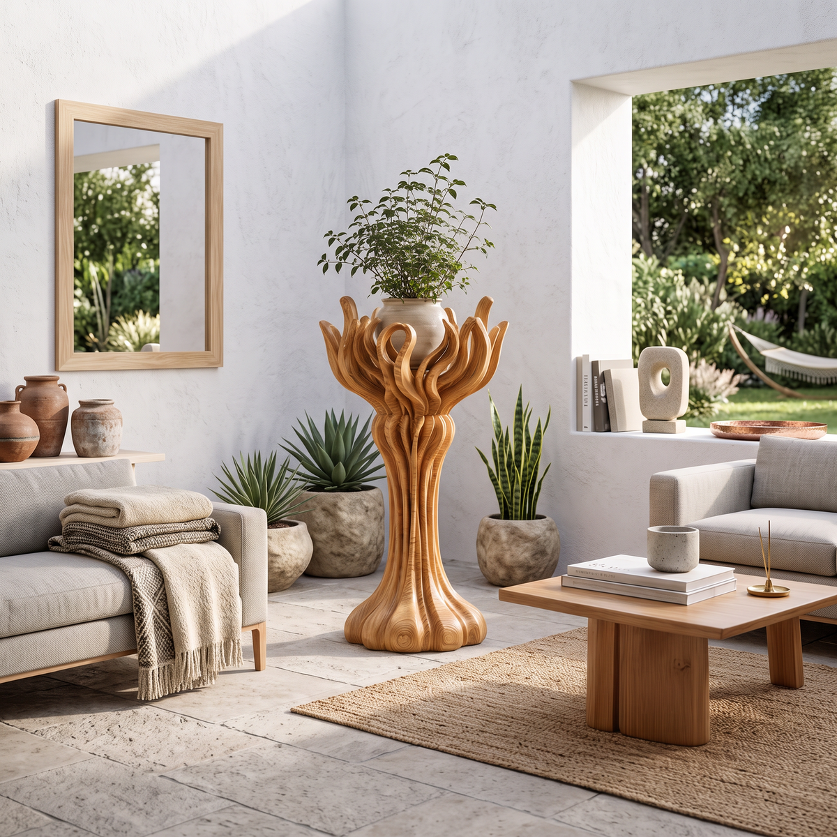 Organic Tree Plant Stand With Sculptural Branch Design For Living Room And Sunroom
