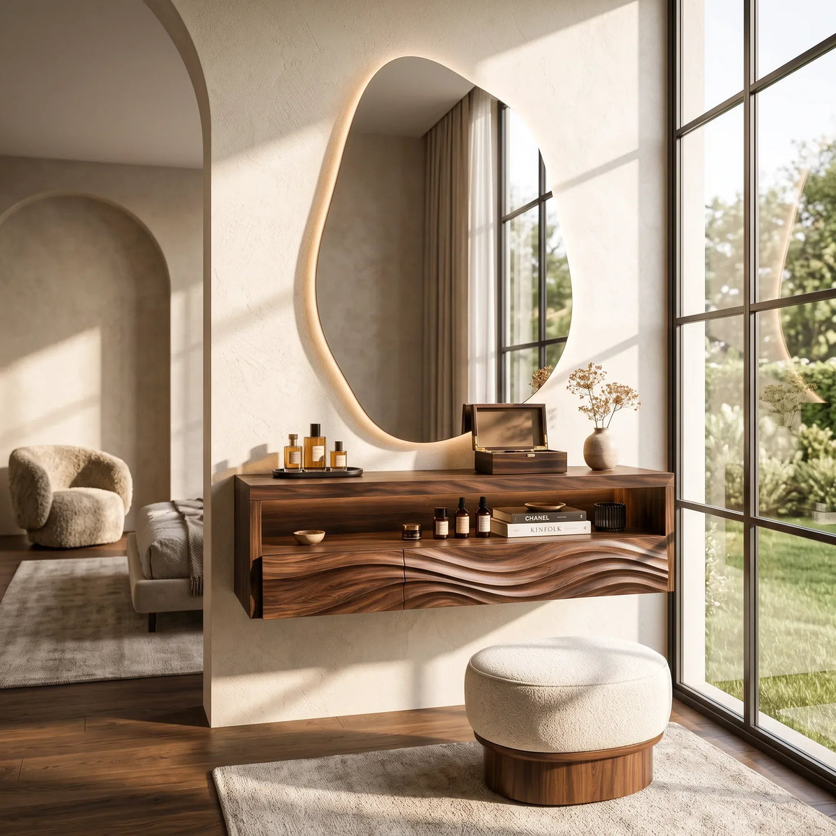 Sculptural Wall Mounted Makeup Vanity Wave Carved Drawers For Bedroom