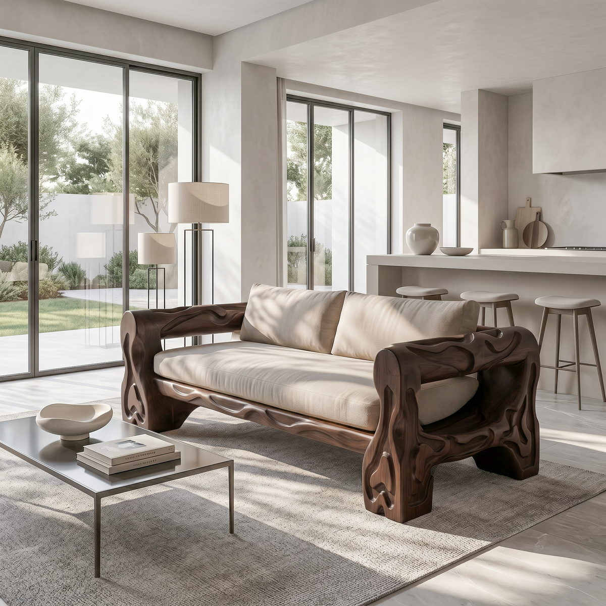 Organic Sofa Frame With Sculptural Open Loop Armrests For Living Room
