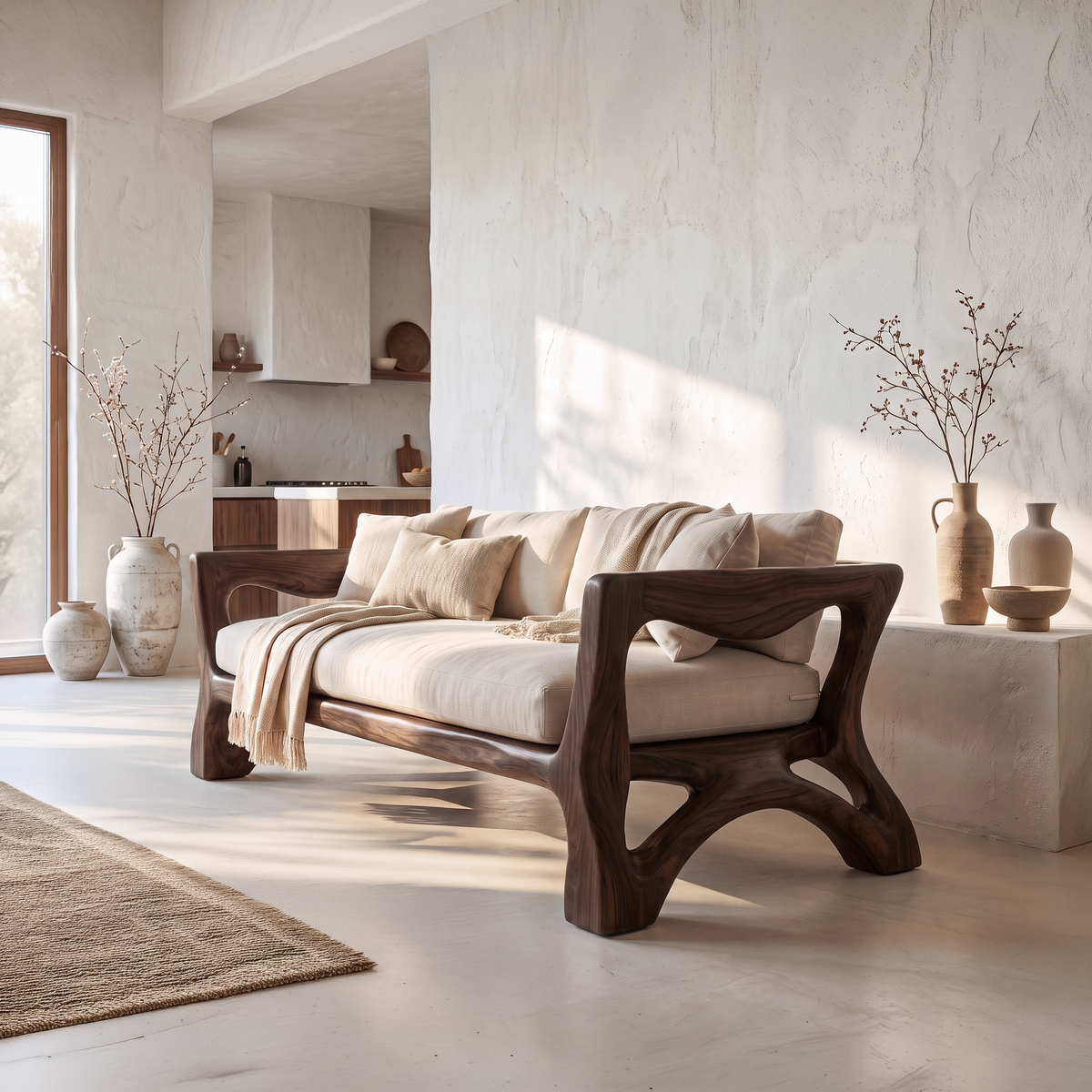 Sculptural Sofa Frame With Solid Wood Armrests For Living Room
