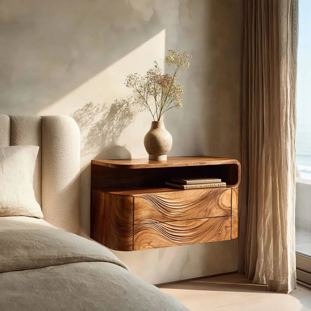 Contemporary Wave Carved Floating Nightstand For Bedroom