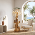Rustic Wooden Floor Lamp With Sculptural Floral Canopy For Living Room