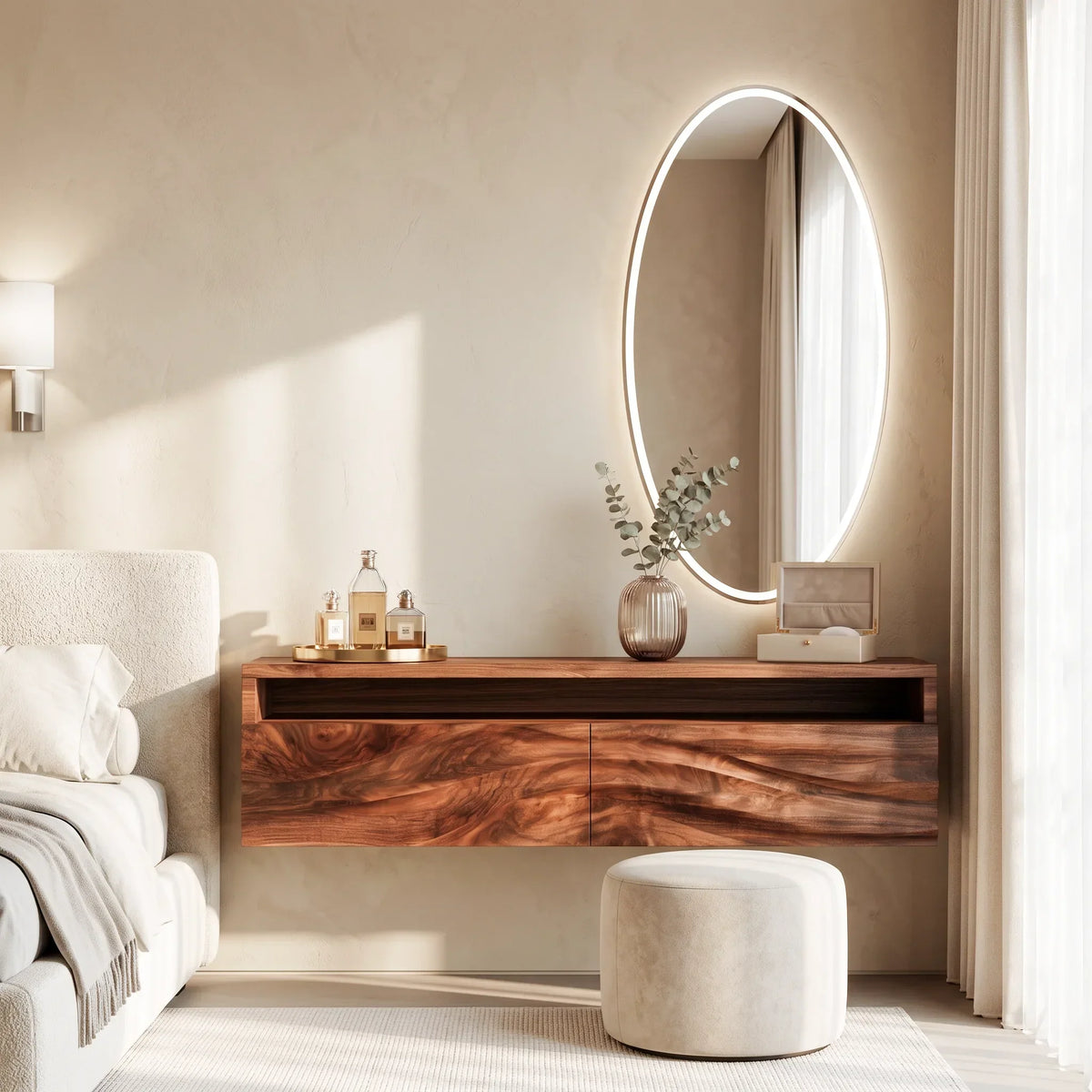 Modern Floating Makeup Vanity Layered Wavy Carved Drawers For Bedroom