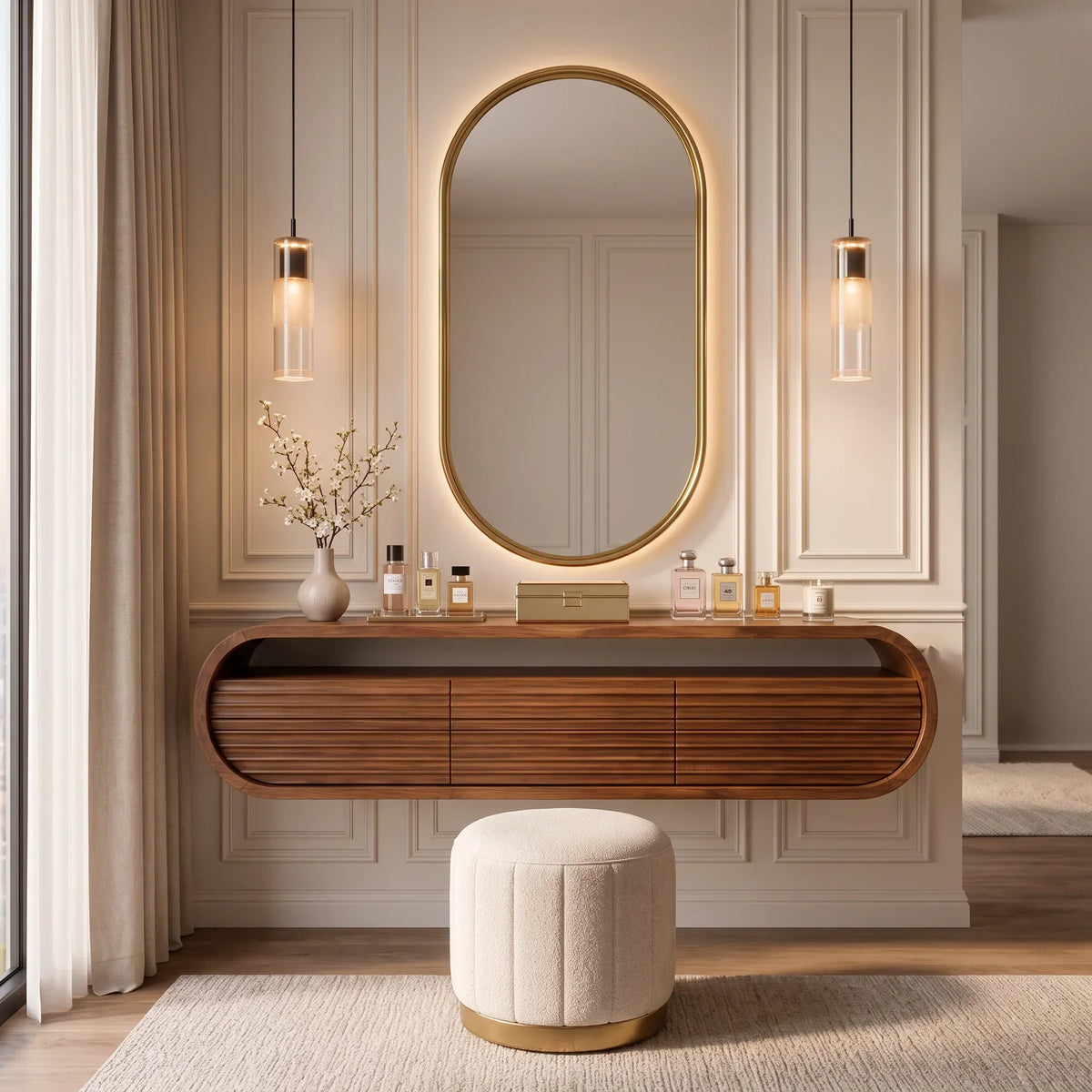 Modern Wall Mounted Dressing Table Carved Fluted Drawers For Bedroom