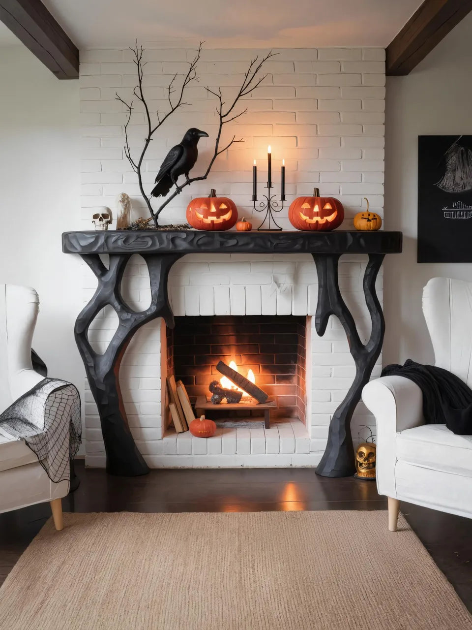 Wooden Halloween Fireplace Mantel With Branch Leg For Festive Decoration