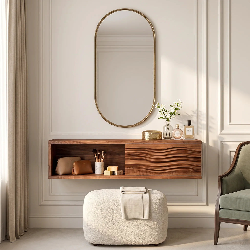 Modern Floating Makeup Vanity Ripple Carved Drawer Front For Bedroom