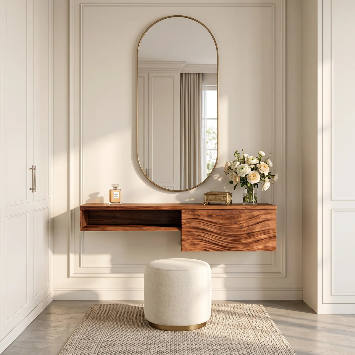 Modern Floating Makeup Vanity Wave Carved Drawers For Bedroom