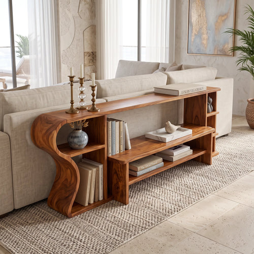 Mid Century Curved Shelf Console For Living Room