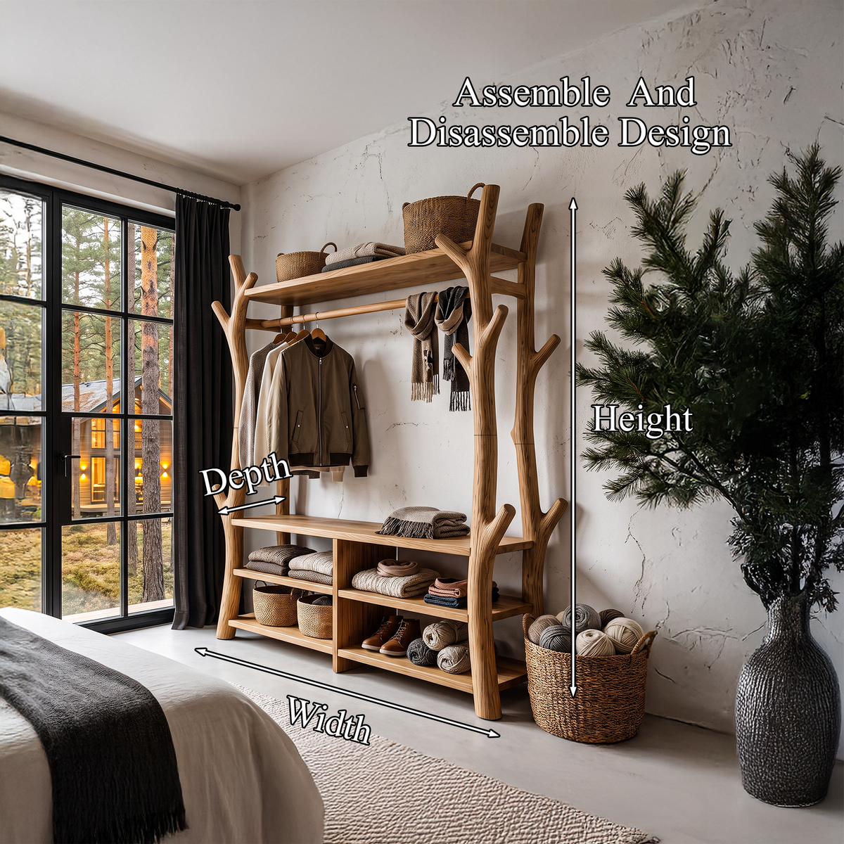 Rustic Tree Coat Rack Shoe Bench Open Storage For Entryway Hallway