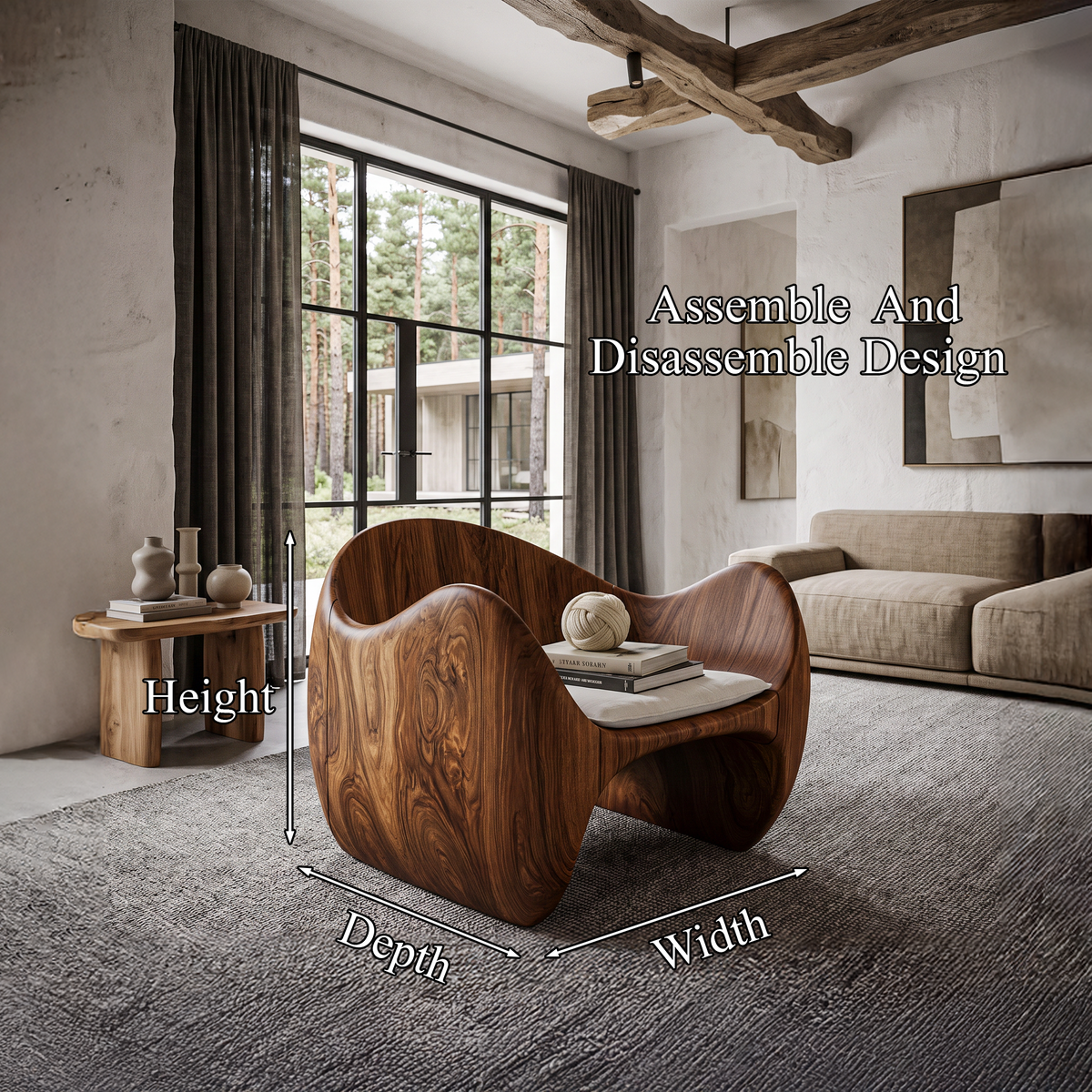 Modern Wooden Accent Chair With Sculptural Curved Frame For Living Room