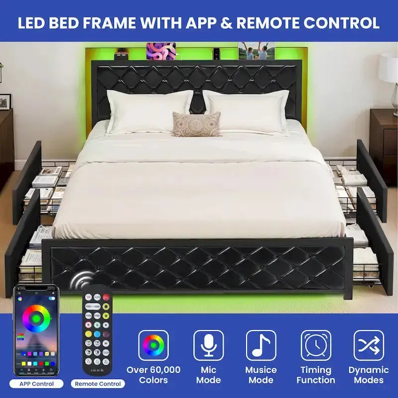 Moasis Queen Upholstered Faux Leather Platform Bed Frame With Headboard, 4 Storage Drawers, RGB LED Lights, USB-C Chargi