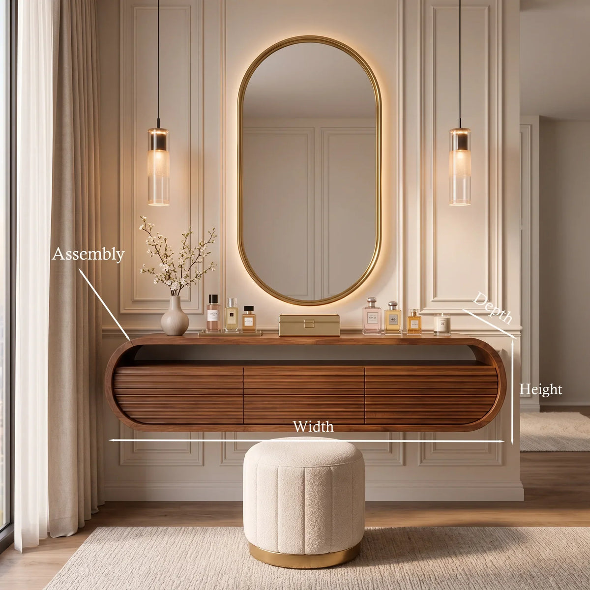 Modern Wall Mounted Dressing Table Carved Fluted Drawers For Bedroom
