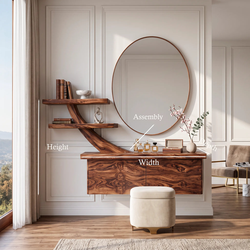 Contemporary Wall Mounted Dressing Table Sculptural Curved Shelving For Bedroom