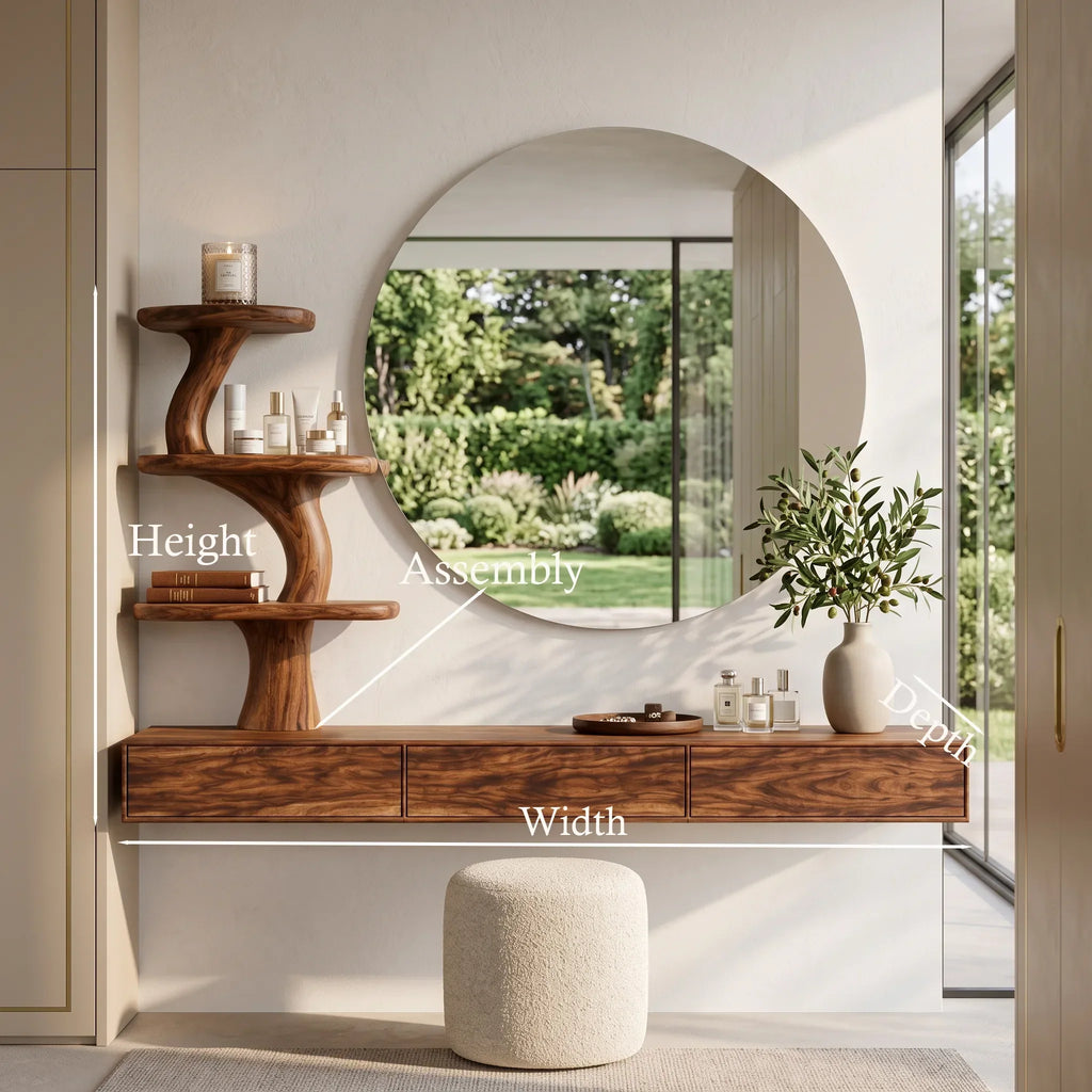 Organic Floating Makeup Vanity With Tree Form Shelve For Bedroom
