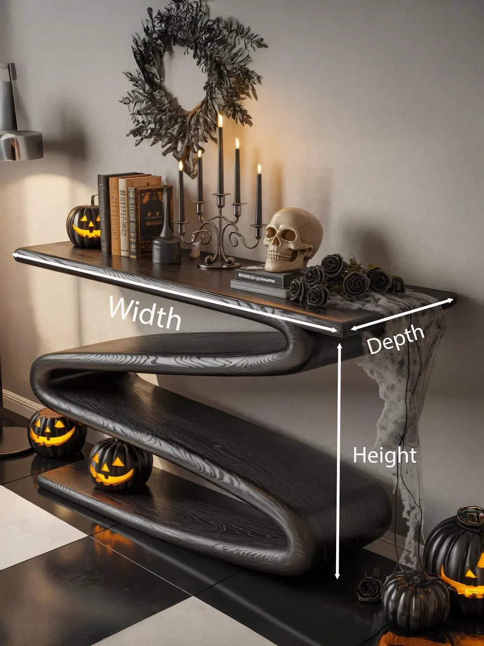 Modern Black Wooden Console Table Curved Design For Halloween Decor