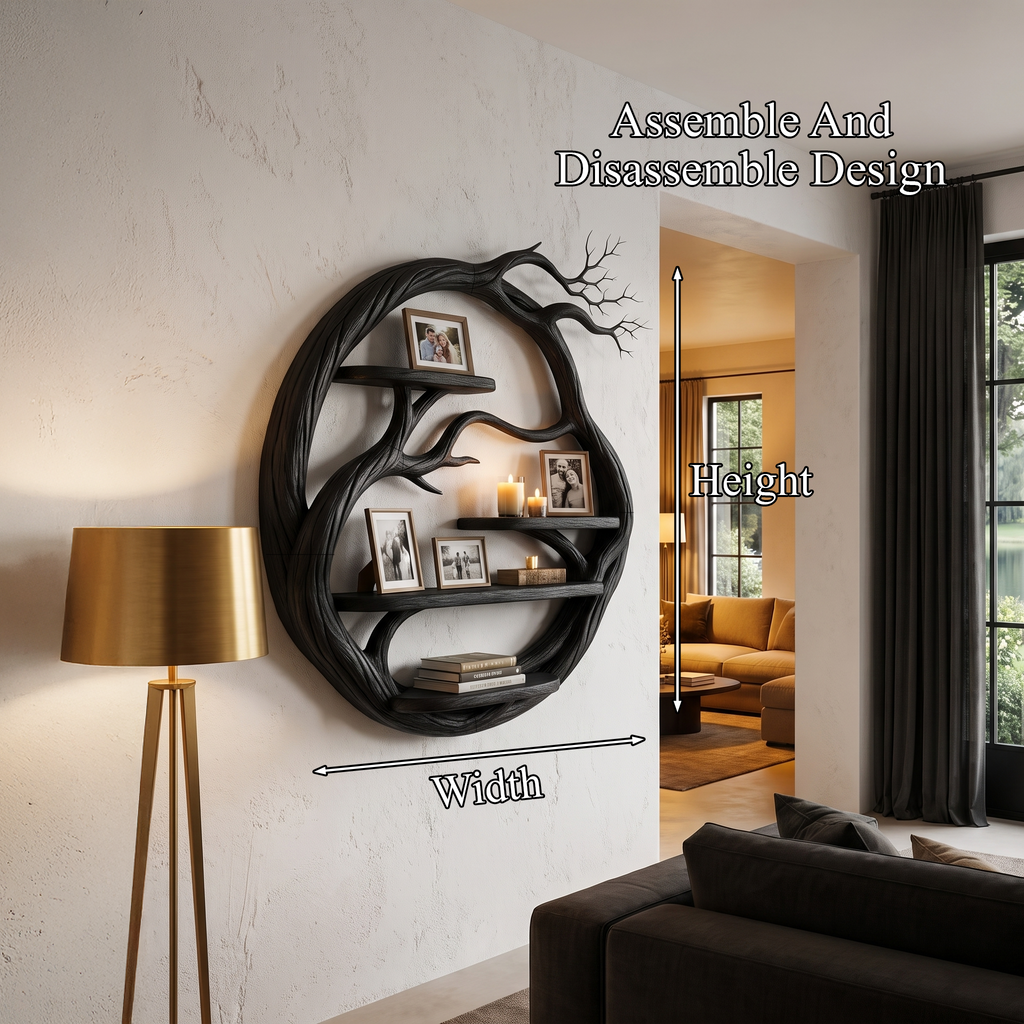 Organic Floating Shelf With Circular Tree Branch Design For Living Room And Home Office