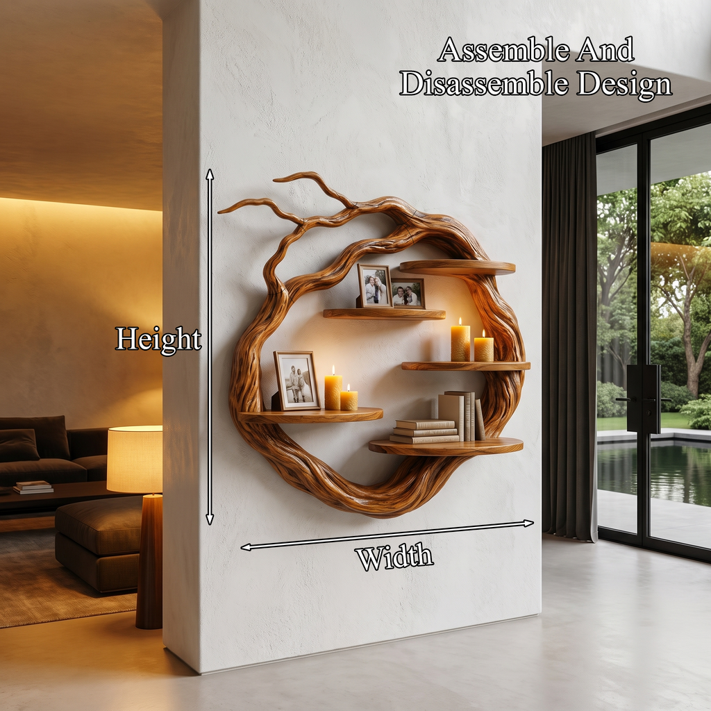 Natural Wall Mounted Shelf With Sculptural Tree Ring Design For Living Room And Reading NookSINLHAFL056