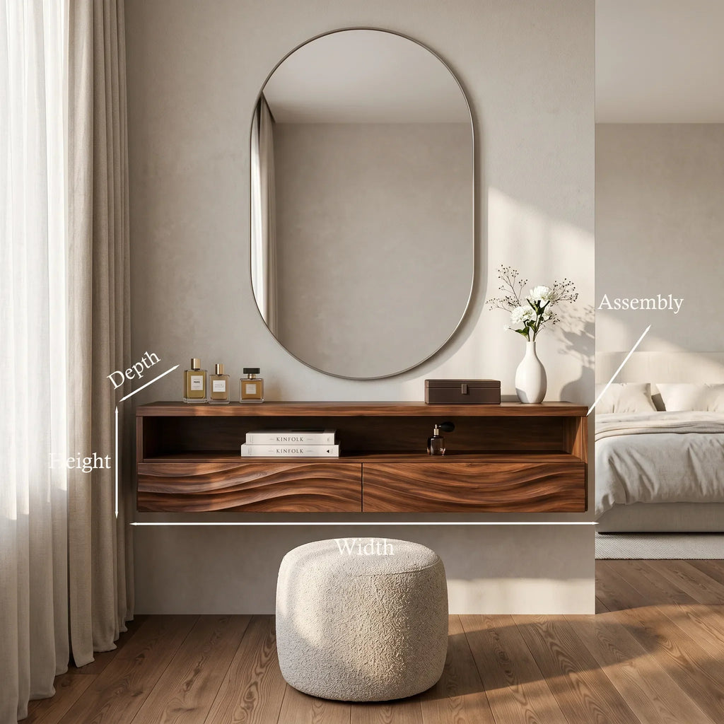Contemporary Wall Mounted Dressing Table Flowing Relief Carved For Bedroom