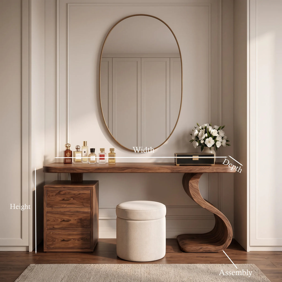 Sculptural Makeup Vanity S Curve Pedestal For Modern Bedroom