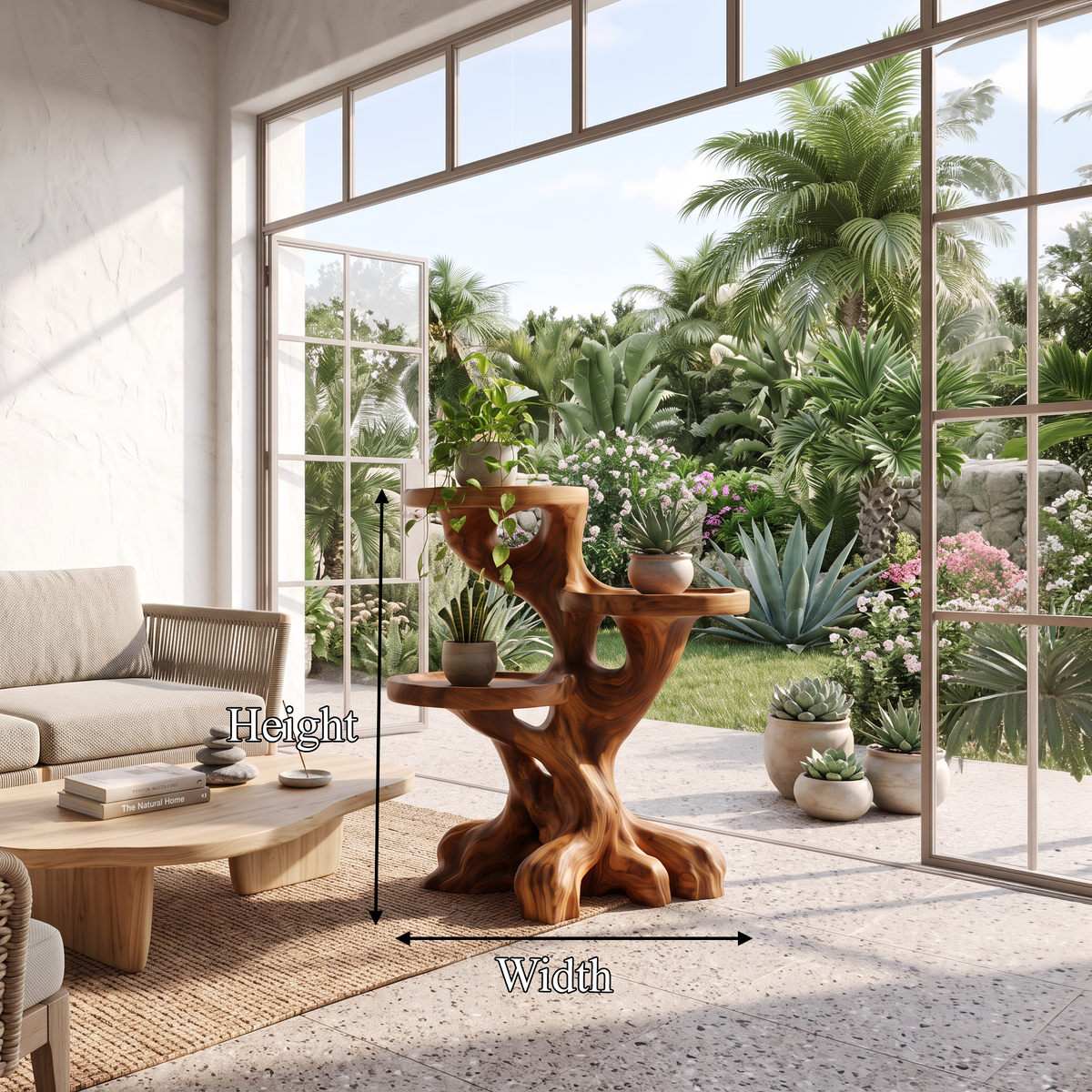 Rustic Indoor Plant Shelf With Tree Root Inspired Design For Living Room And Hallway