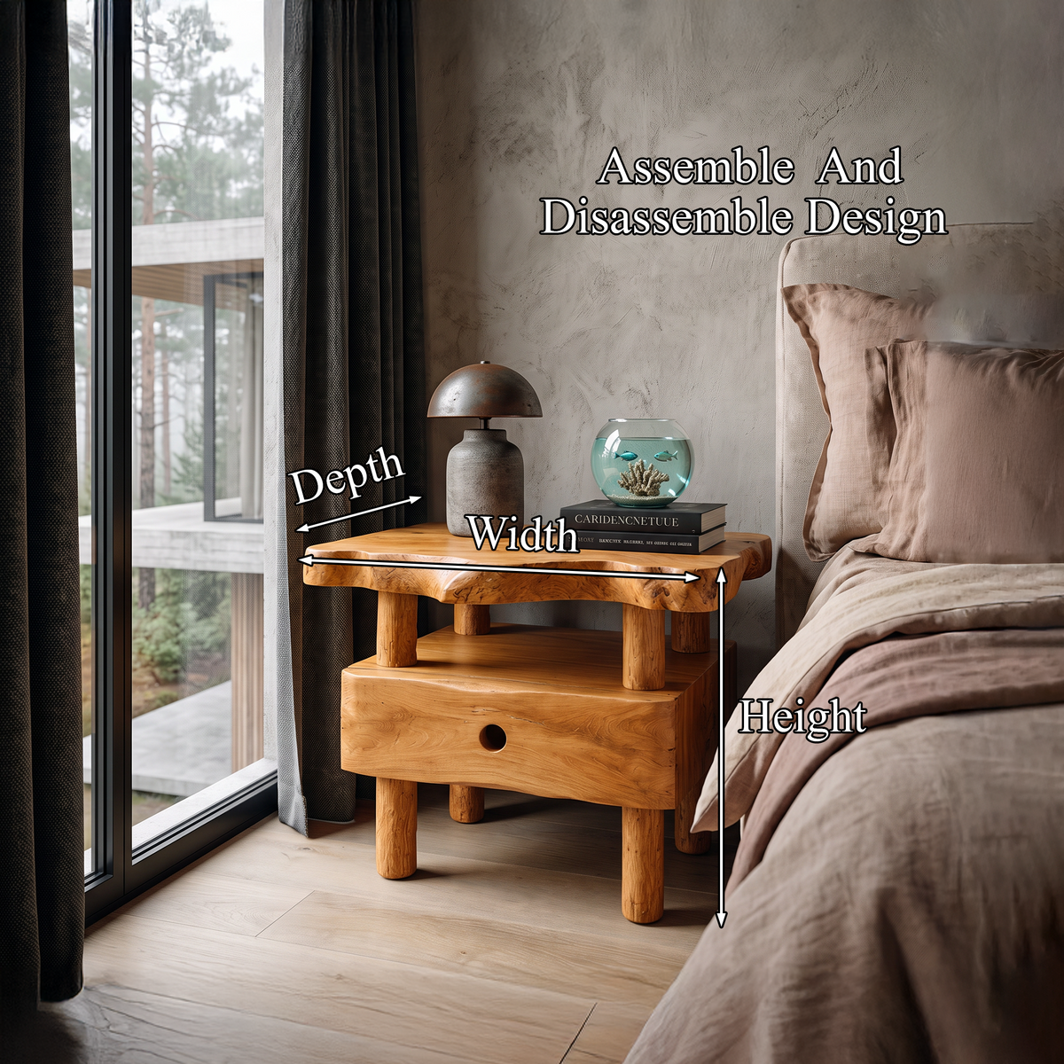 Organic Solid Wood Bedside Table With Open Shelf And Drawer