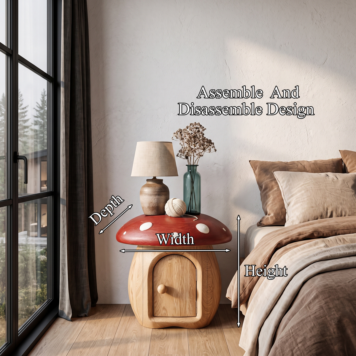 Whimsical Mushroom Bedside Table With Solid Wood Storage For Bedroom