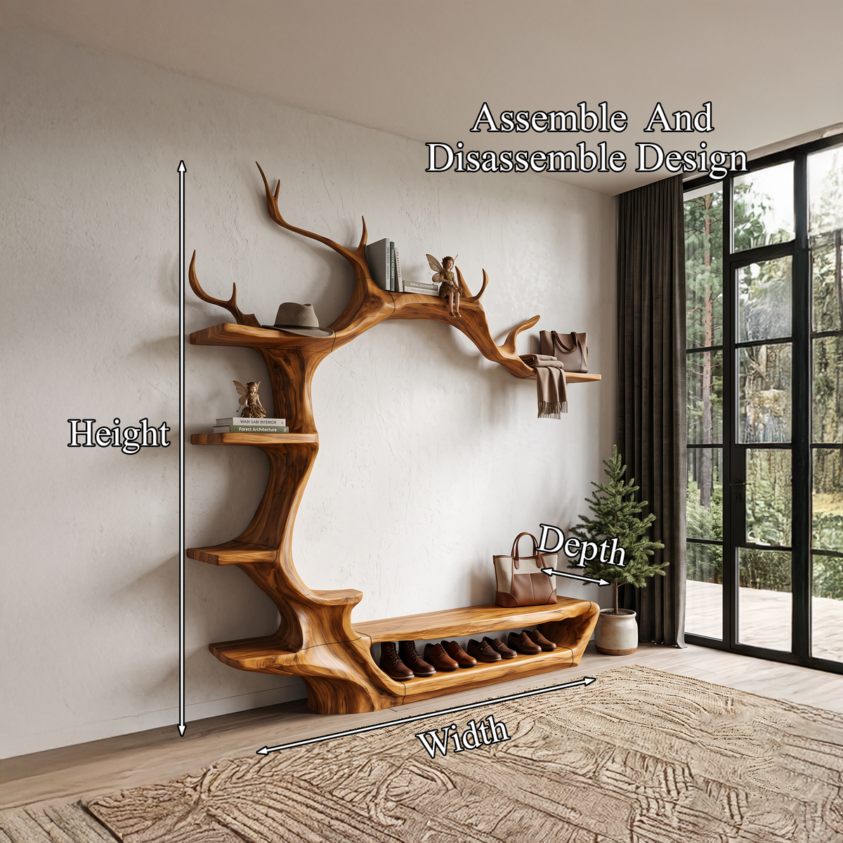 Rustic Tree Shoe Bench Wall Mounted Coat Rack For Entryway Hallway