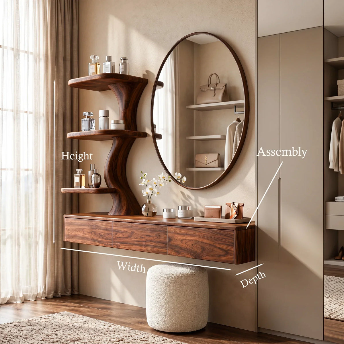 Sculptural Wall Mounted Dressing Table With Floating Drawer For Luxury Bedroom